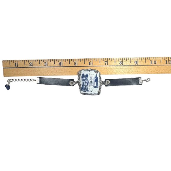 Blue Willow Nutcracker China Leather Bracelet With Silver Blend Bezel Artisanal - Picture 13 of 17